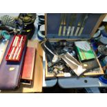 Silver plated cutlery, some cased, a mahogany and brass inlaid canteen case, etc. (quantity)