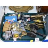 Brass cannons, lighters, gentleman's belts, etc. (1 tray and 1 box)