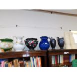A Devon pottery blue glazed jug, pair of Devon fluted black vases, two Victorian jardinieres, a pair