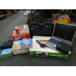 A Dell laptop, Kensington laptop carry case, Maypole 83HA battery charger, Garmin Muvi 250, electric