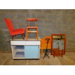 A 1970s kitchen unit, 112cm wide, together with a pine double headboard, two chairs, pine framed