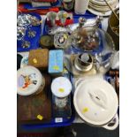 Plated wares, including a pair of candlesticks, kitchenalia, tins, table lamp, etc. (2 trays plus)