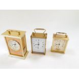 Three brass Quartz mantel clocks by Smiths, Limit, and Metamec.
