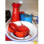 Enamel kitchenalia, including a pair of blue Lentils and Rice jars and covers, water jug, coffee pot