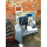 Avery Fan scales (AF), wooden gate, step ladder, sink with drainer and steps, wheel barrow, chair,