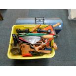 An Enox metal tool box, containing wrenches and other tools, together with saws, door furniture