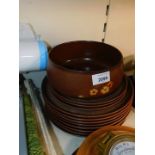 Eight Denby dinner plates decorated in the Sandstone pattern, together with three desert plates