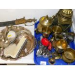 A brass lantern, further brass ware, silver plated tray and further plated wares, flatware, etc. (
