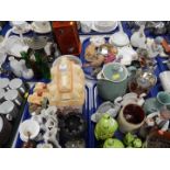 Mixed ceramics and glassware, figures, cottage type biscuit barrel, book ends, etc. (4 trays)