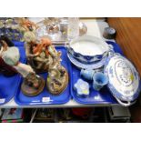 Three Capo di Monte figure groups, Wedgwood Jasperware, blue and white, etc. (2 trays)