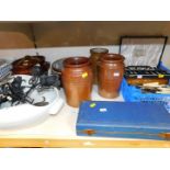 A Boots Perfection bed pan, storage jars, crock pot, plated flat ware, etc. (quantity)