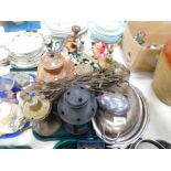 A silver plated entree dish and cover, coffee grinder, lantern, Turkish coffee pots, etc. (1 tray)