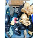 Wooden resin and pottery elephant ornaments. (2 trays)