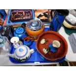 Torquay ware, to include teapot, jug, bowl, further teapot, wooden biscuit barrel, etc. (1 tray)