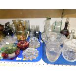 Vintage and retro glassware, including a cocktail shaker, brandy balloons, vases, and jars and