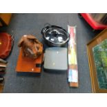 A Cookwork's slow cooker, typewriter, leather elephant toy, jigsaw puzzle, coat hangers, etc. (