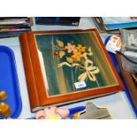 A wood and floral inlaid bound photograph album.