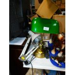 A brass desk lamp, with a green shade, together with an anglepoised type lamp, base lacking. (2)