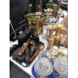African tribal masks and busts, animals, etc, plated four branch candelabrum, brass waste bin, swing
