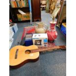 A Phillips photo frame, boxed, Musim guitar, pottery table lamp and a set of The Great Composer's