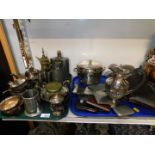 A silver plated three piece tea set, further plated wares, pewter, chrome cigarette cases, and