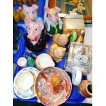 Three Wade Nat West piggy banks, Wade Humpty Dumpty figure, two Chinese bowls and a vase, Sylvac cat