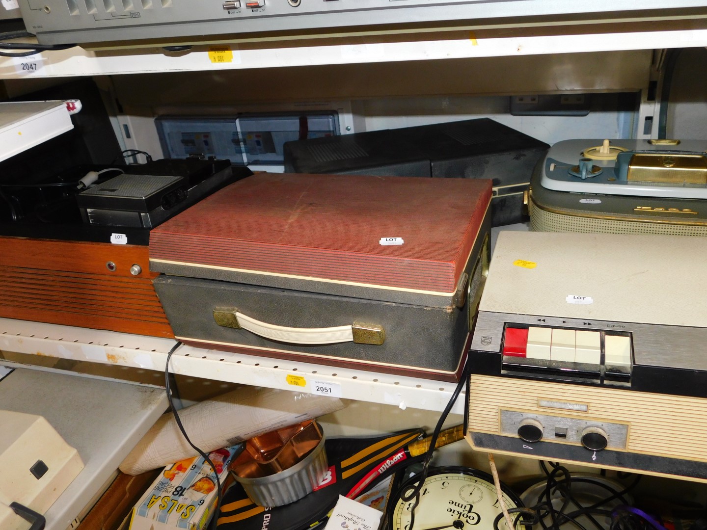 Four reel-to-reel tape recorders, including Phillips, Civic and Grundig, and a Phillips cassette