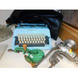 A Scheidegger Typomatic typewriter, TMS., with cover, together with a Spong's bean slicer, and a