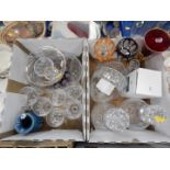 Two cut glass decanters and stoppers, basket, table glassware, bowl, coloured hop glasses, etc. (2