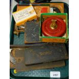 A Raybone tape measure, steel pen knib, micormeters, etc. (1 tray)