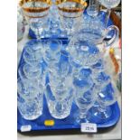 Coloured and pressed glassware, including hock glasses, water jug. (2 trays)
