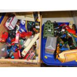 Die cast trucks and cars, buses, motorbikes and military vehicles, mostly playworn. (1 box and 1
