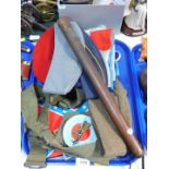 Military items, to include beret, caps, RAF flag, gun holster, etc. (1 tray)
