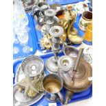 Metal ware to include plated wine coaster, candelabra, copper kettle, brass ducks, hip flask,