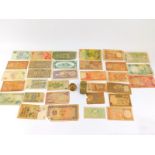 English and World bank notes, together with a brass tobacco box and a rouge pot.