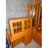 A teak MDF kneehole desk, 94cm wide, corner display cabinet, the top section with glass shelves