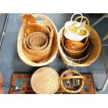 Wicker baskets, wooden trough shaped dish, two flat irons, etc. (quantity)