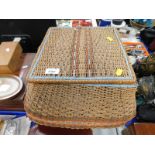 A wicker sewing basket, containing sewing items, a pair of Art Deco oak bookends, etc.