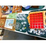 Two Victorian nursery prints, an etching, early 20thC green glass dressing table set, hunting