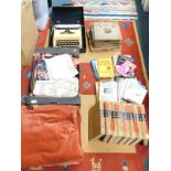 A Remington Ten Forty typewriter, 78rpm records, books, pairs of curtains, etc. (1 box plus)