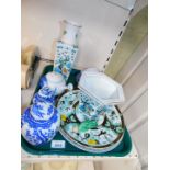 Japanese porcelain ginger jars and covers, jardiniere vase, tea wares, and two plates. (1 tray)