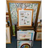 Framed needlework pictures, together with an oil on canvas of a forest, etc. (quantity)