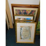 A framed coloured map of Norfolk, together with pictures and prints of castles, woodpecker, etc. (