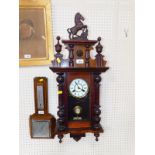 A German oak and pine cased wall clock, circular brass dial with enamel chapter ring, bearing