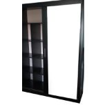A large black stained double wardrobe, with two mirrored glass sliding doors, with one side