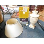 A Mahoona Lighting Ltd urn shaped table lamp with shade, large pottery jug, large amber coloured