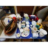 Ceramics and glass, including commemorative mugs, together with a wicker basket and frames. (4 trays