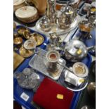 A silver plated oval galleried tray, four piece tea set, condiments and other plated wares, etc. (