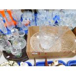 Glass ware, to include decanter and four Royal Albert whisky balloons on a mahogany tray, glass