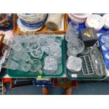 A pair of cut glass decanters and stoppers, cut glass tumblers, vases, ashtrays, etc. (2 trays)